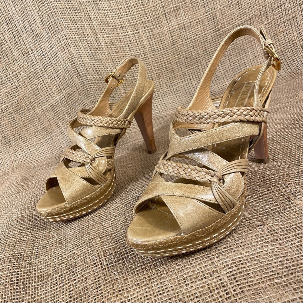 Prada Sandals Platform Heels Braided  Slingback Tan Leather  Size 10 Eu 40